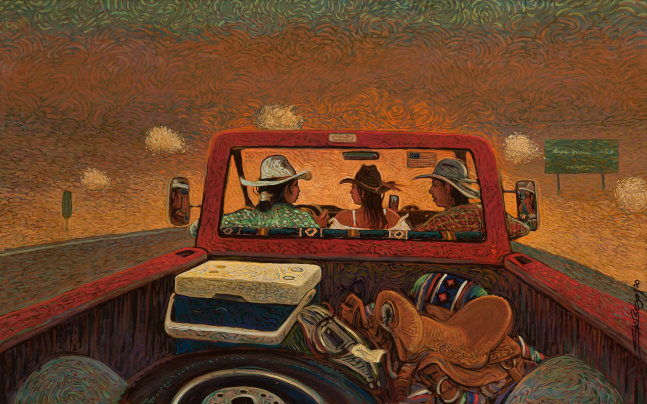 Shonto Begay's painting, Tumbleweed Crossing.